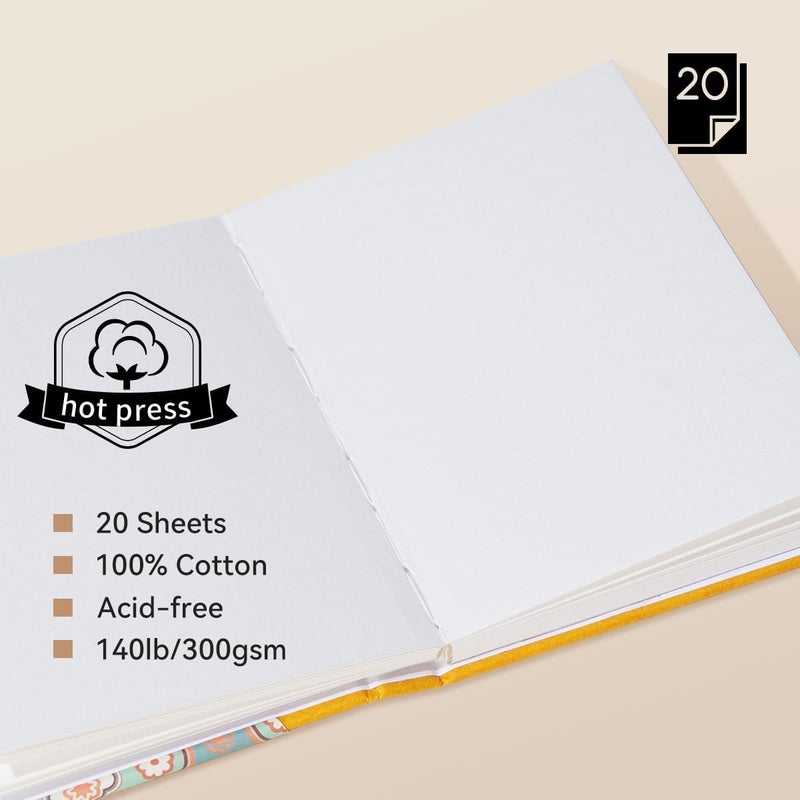 Arrtx Watercolor Journal, 5.35x3.86, 140 LB, 300 GSM, 100% Cotton Paper, Hot Press, 20 Sheets, Hardcover Watercolor Sketchbook for Use As Travel Notebook for Artists Adults Students - Image 3