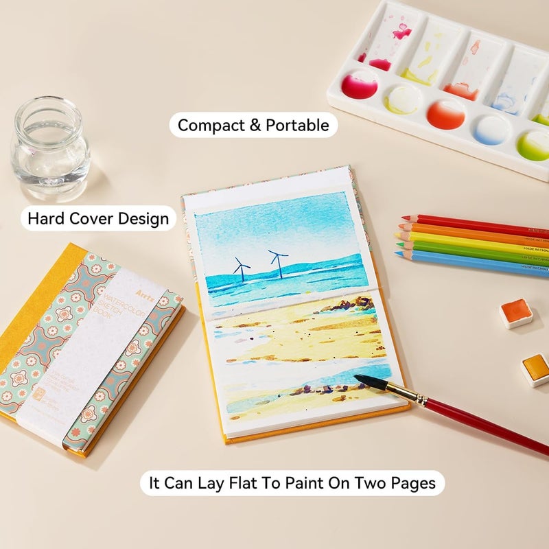 Arrtx Watercolor Journal, 5.35x3.86, 140 LB, 300 GSM, 100% Cotton Paper, Hot Press, 20 Sheets, Hardcover Watercolor Sketchbook for Use As Travel Notebook for Artists Adults Students - Image 5
