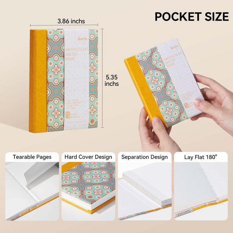 Arrtx Watercolor Journal, 5.35x3.86, 140 LB, 300 GSM, 100% Cotton Paper, Hot Press, 20 Sheets, Hardcover Watercolor Sketchbook for Use As Travel Notebook for Artists Adults Students - Image 4