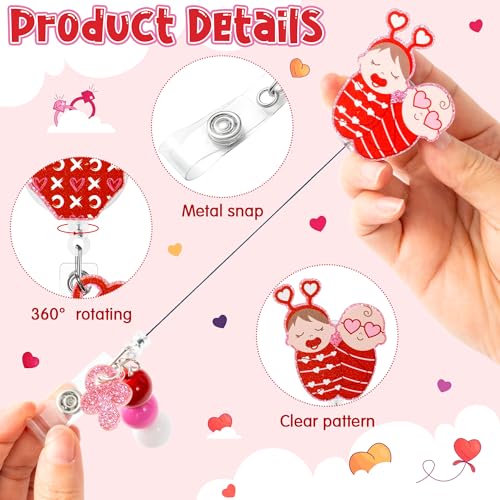 BkeeCten Valentines Baby Badge Reel - 6 Pcs Cute Baby Theme Retractable ID Holder with 24 Inch Cord & 360°Rotating Metal Clip for Nurses, NICU Staff, Healthcare Professionals & Holiday Gifts - Image 3