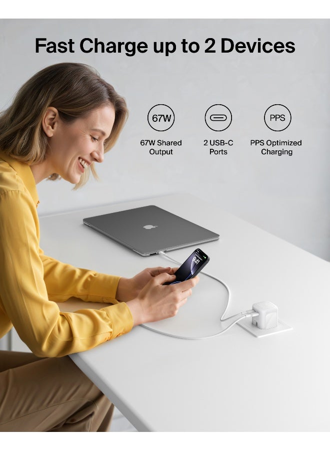 بيلكين SmartProtect 2-Port USB C Charger 67W, Dual-Port GaN Charger with 2x USB C Ports, Fast Charging for MacBook, iPhone 17, iPad Pro, Chromebook, Galaxy S25 Ultra, Pixel 10, etc. - White White - Image 2