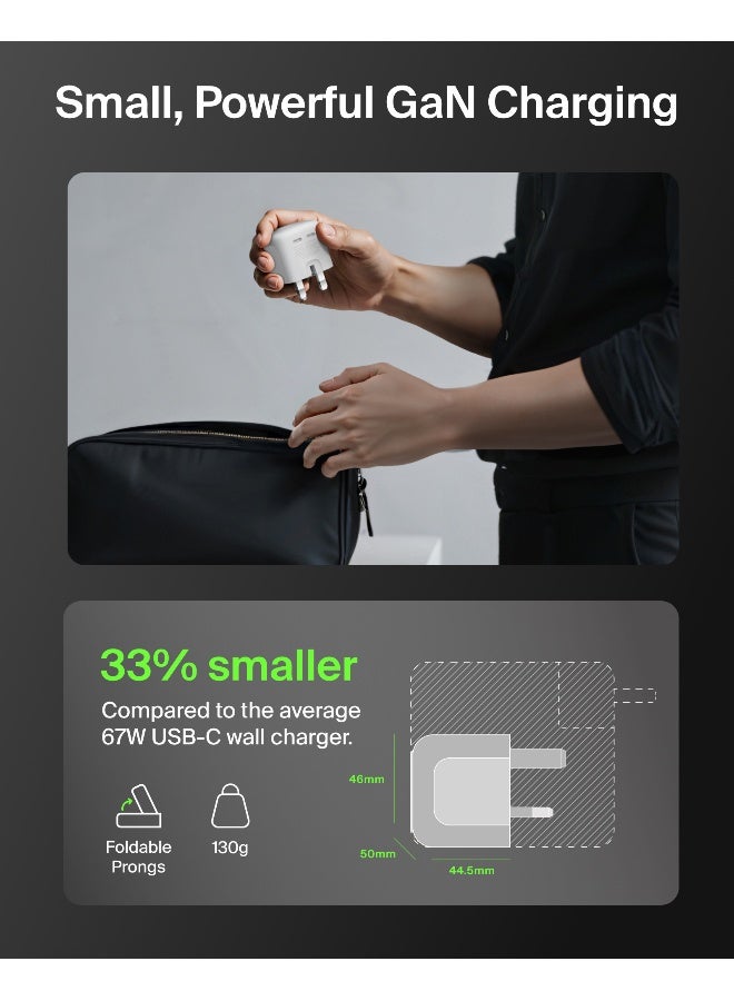 بيلكين SmartProtect 2-Port USB C Charger 67W, Dual-Port GaN Charger with 2x USB C Ports, Fast Charging for MacBook, iPhone 17, iPad Pro, Chromebook, Galaxy S25 Ultra, Pixel 10, etc. - White White - Image 3