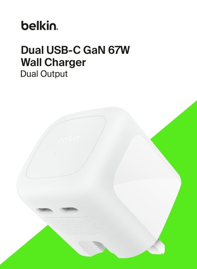 belkin SmartProtect 2-Port USB C Charger 67W, Dual-Port GaN Charger with 2x USB C Ports, Fast Charging for MacBook, iPhone 17, iPad Pro, Chromebook, Galaxy S25 Ultra, Pixel 10, etc. - White White - Image 1