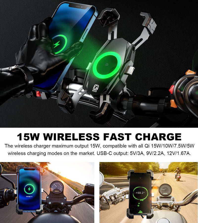 Kewig Motorcycle Phone Mount with Qi 15W Wireless Charger & USB C 20W Fast Charging Port, One-Push Automatically Lock & Quick Release Handlebar Phone Holder for 4.0-6.9" Phone - Image 4