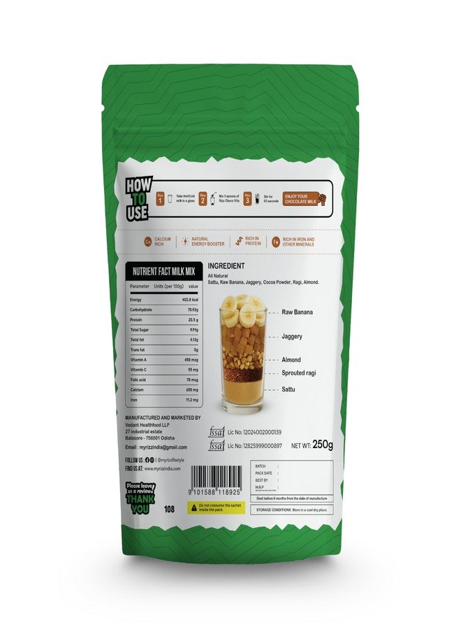 Rizz Choco Vita Choco Milk Premix | Instant Beverage Mix Powder | Cocoa Ragi Almond Sattu Raw Banana Blend | Jaggery Sweetened Milk Drink Preparation | Kitchen Beverage Ingredient | 250 G - Image 2
