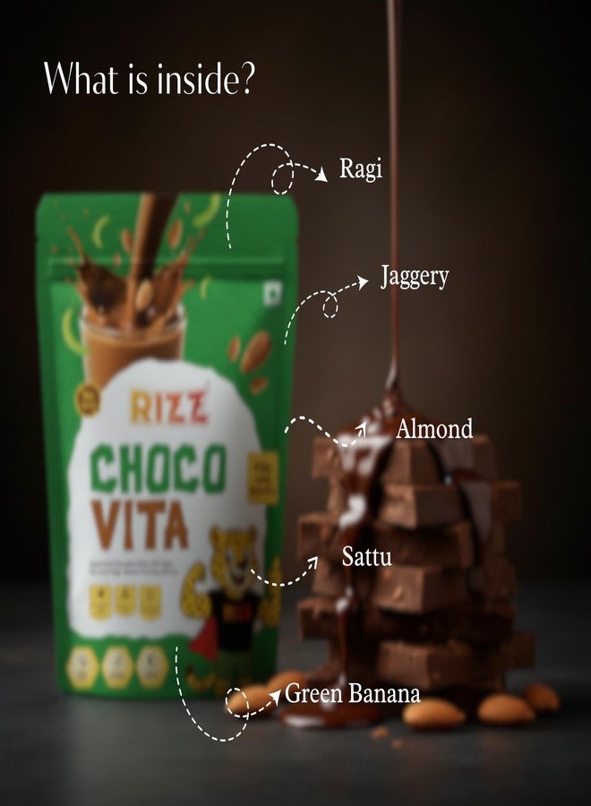 Rizz Choco Vita Choco Milk Premix | Instant Beverage Mix Powder | Cocoa Ragi Almond Sattu Raw Banana Blend | Jaggery Sweetened Milk Drink Preparation | Kitchen Beverage Ingredient | 250 G - Image 4