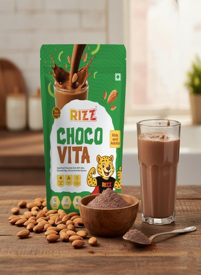 Rizz Choco Vita Choco Milk Premix | Instant Beverage Mix Powder | Cocoa Ragi Almond Sattu Raw Banana Blend | Jaggery Sweetened Milk Drink Preparation | Kitchen Beverage Ingredient | 250 G - Image 3
