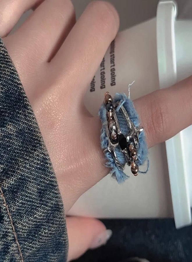 Izpack Punk Star Denim Statement Ring for Women - Beaded Black Crystal Love Heart Layered Expandable Open Rings Boho Holiday Cowgirl Cowboy Jeans Fabric Jewelry Promise Engagement Wrap Finger Band - Image 2