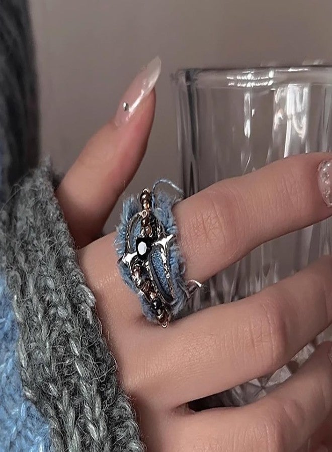Izpack Punk Star Denim Statement Ring for Women - Beaded Black Crystal Love Heart Layered Expandable Open Rings Boho Holiday Cowgirl Cowboy Jeans Fabric Jewelry Promise Engagement Wrap Finger Band - Image 3