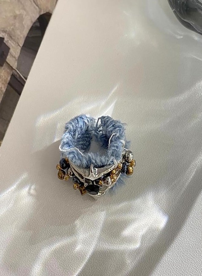Izpack Punk Star Denim Statement Ring for Women - Beaded Black Crystal Love Heart Layered Expandable Open Rings Boho Holiday Cowgirl Cowboy Jeans Fabric Jewelry Promise Engagement Wrap Finger Band - Image 4