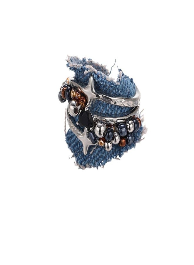 Izpack Punk Star Denim Statement Ring for Women - Beaded Black Crystal Love Heart Layered Expandable Open Rings Boho Holiday Cowgirl Cowboy Jeans Fabric Jewelry Promise Engagement Wrap Finger Band - Image 1