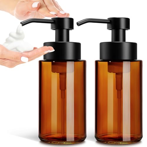 GMISUN Glass Foaming Soap Dispenser 10 Fl oz 300ml Amber Glass Soap Dispenser for Bathroom Kitchen 2 Pack Modern Refillable Foam Hand Soap Dispensers Bathroom Hand Soap Dispensers with Labels - Image 1