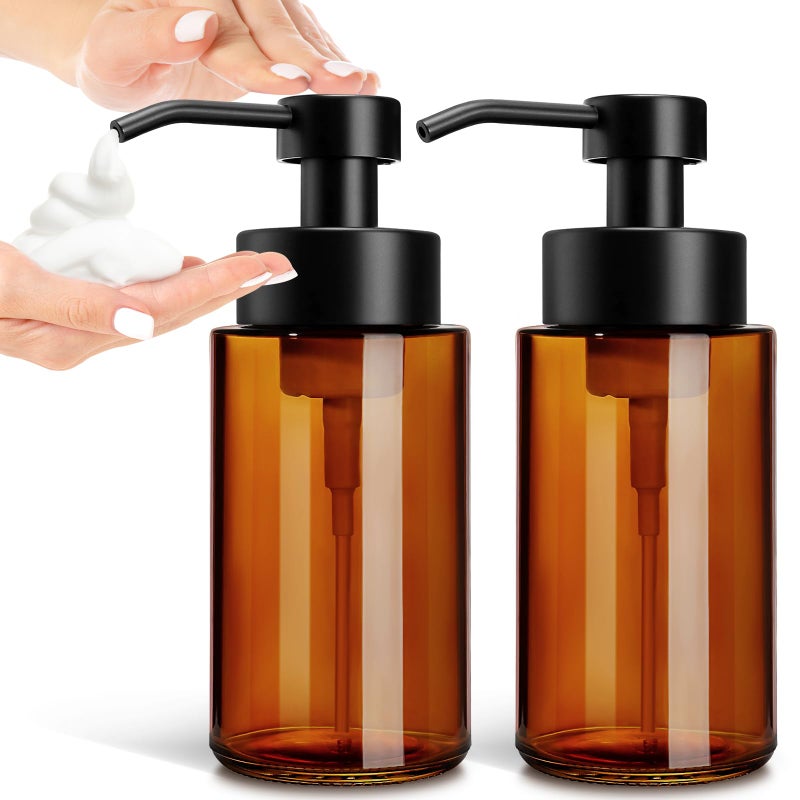 GMISUN Glass Foaming Soap Dispenser 10 Fl oz 300ml Amber Glass Soap Dispenser for Bathroom Kitchen 2 Pack Modern Refillable Foam Hand Soap Dispensers Bathroom Hand Soap Dispensers with Labels - Image 2