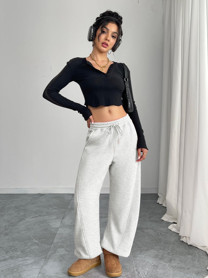 ELLEVEN Wide Leg Sweatpants Fleece Lined Barrel Leg Baggy Joggers Lounge Winter Palazzo Harem Pants Grey Drawstring Pockets Low Waisted Warm Cotton Workout White Heather Small - Image 5