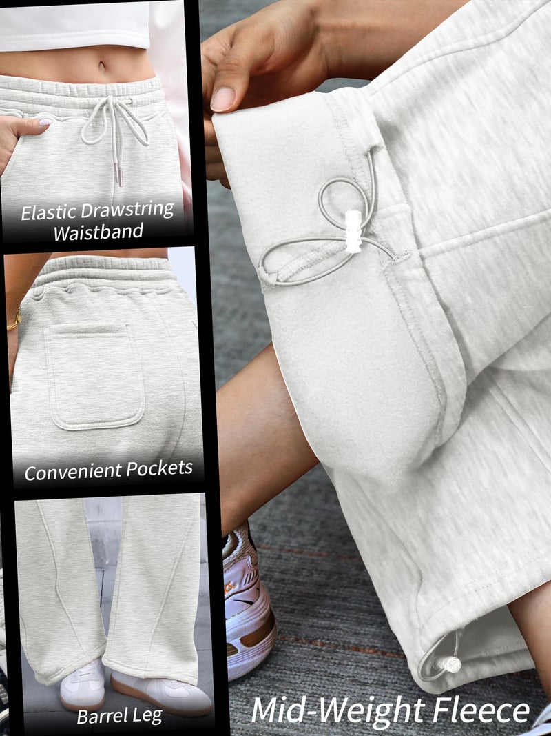ELLEVEN Wide Leg Sweatpants Fleece Lined Barrel Leg Baggy Joggers Lounge Winter Palazzo Harem Pants Grey Drawstring Pockets Low Waisted Warm Cotton Workout White Heather Small - Image 4