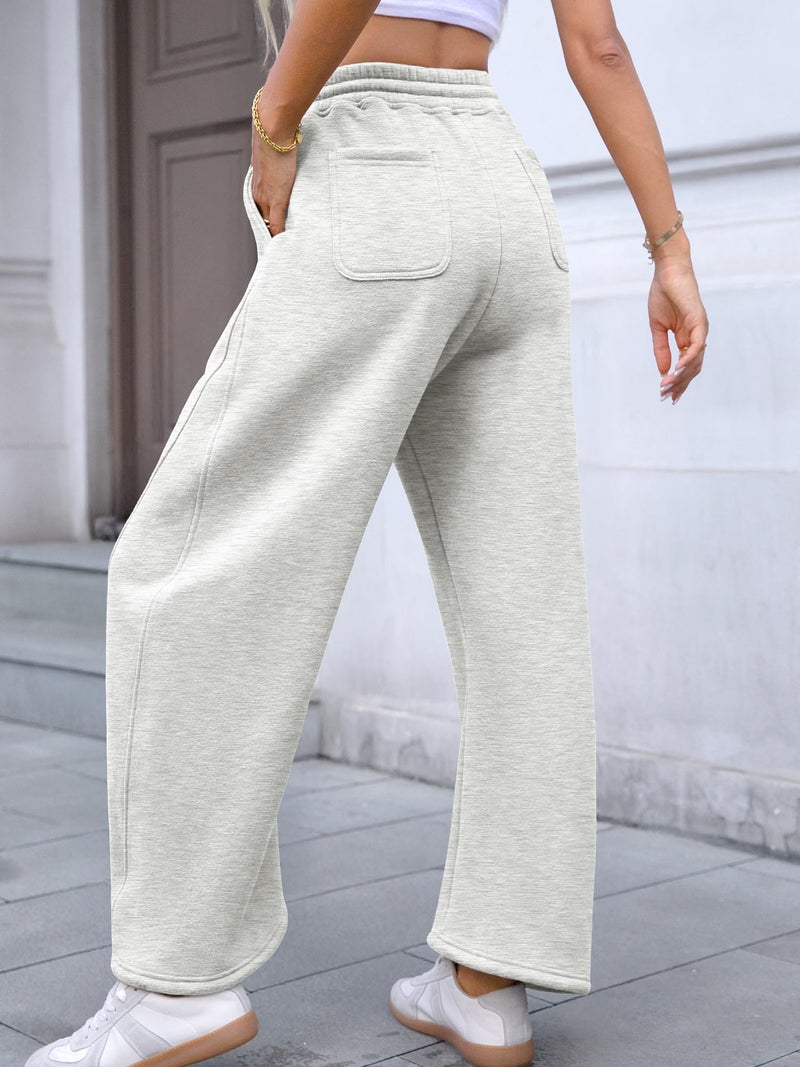 ELLEVEN Wide Leg Sweatpants Fleece Lined Barrel Leg Baggy Joggers Lounge Winter Palazzo Harem Pants Grey Drawstring Pockets Low Waisted Warm Cotton Workout White Heather Small - Image 2
