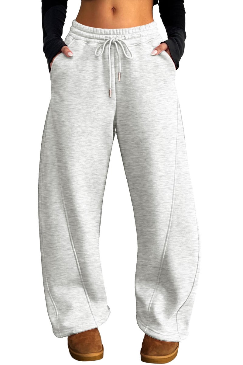 ELLEVEN Wide Leg Sweatpants Fleece Lined Barrel Leg Baggy Joggers Lounge Winter Palazzo Harem Pants Grey Drawstring Pockets Low Waisted Warm Cotton Workout White Heather Small - Image 1