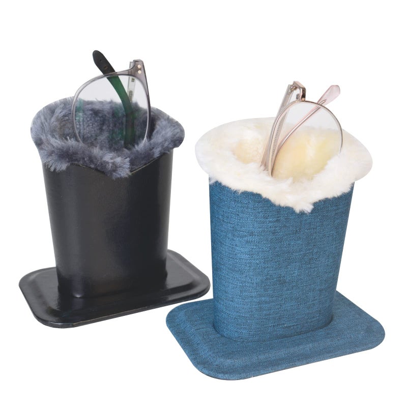 Baitaihem Pack of 2 Plush Lined Eyeglasses Holder Stand Protective Glasses Case For Desks Or Nightstands,Canvas(Blue)+Leather(Black/Gray) - Image 1