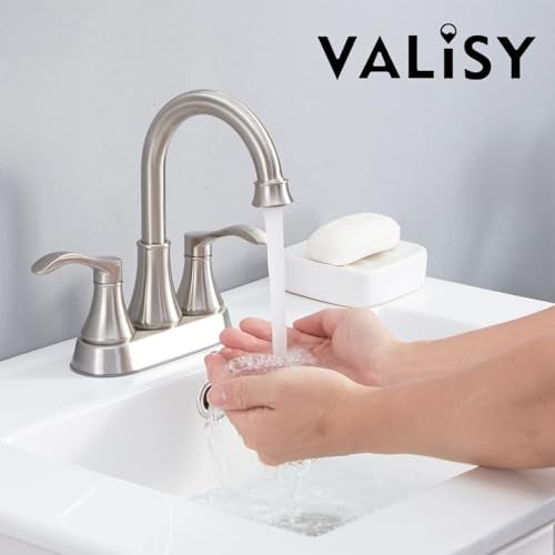 VALISY Lead-Free Commercial 2-Handle Brushed Nickel Bathroom Sink Faucet, 360° Swivel High-Arc Spout 4 Inch Centerset Lavatory Vanity Faucets Set for Bathroom Sink with Drain & Water Hoses, VLS10003BML-1 - Image 4