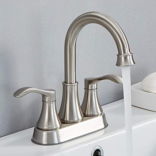 VALISY Lead-Free Commercial 2-Handle Brushed Nickel Bathroom Sink Faucet, 360° Swivel High-Arc Spout 4 Inch Centerset Lavatory Vanity Faucets Set for Bathroom Sink with Drain & Water Hoses, VLS10003BML-1 - Image 1