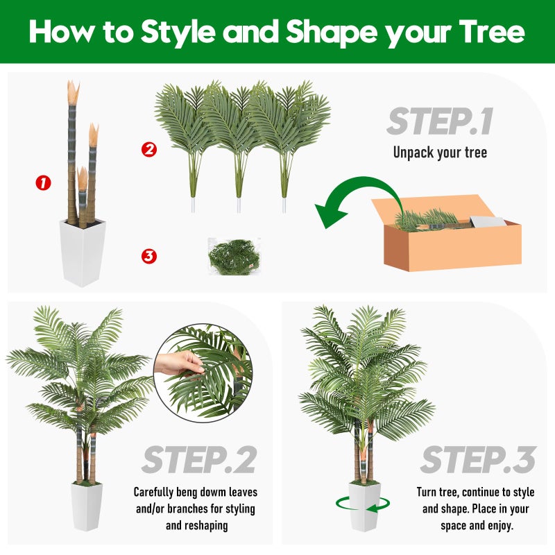 EOOIO 6ft Artificial Palm Tree Indoor Plant with White Tall Planter, Faux Silk Tropical Areca Floor Plant in Pot, Artificial Plants with Lifelike Leaves for Home Office Decor - Image 4