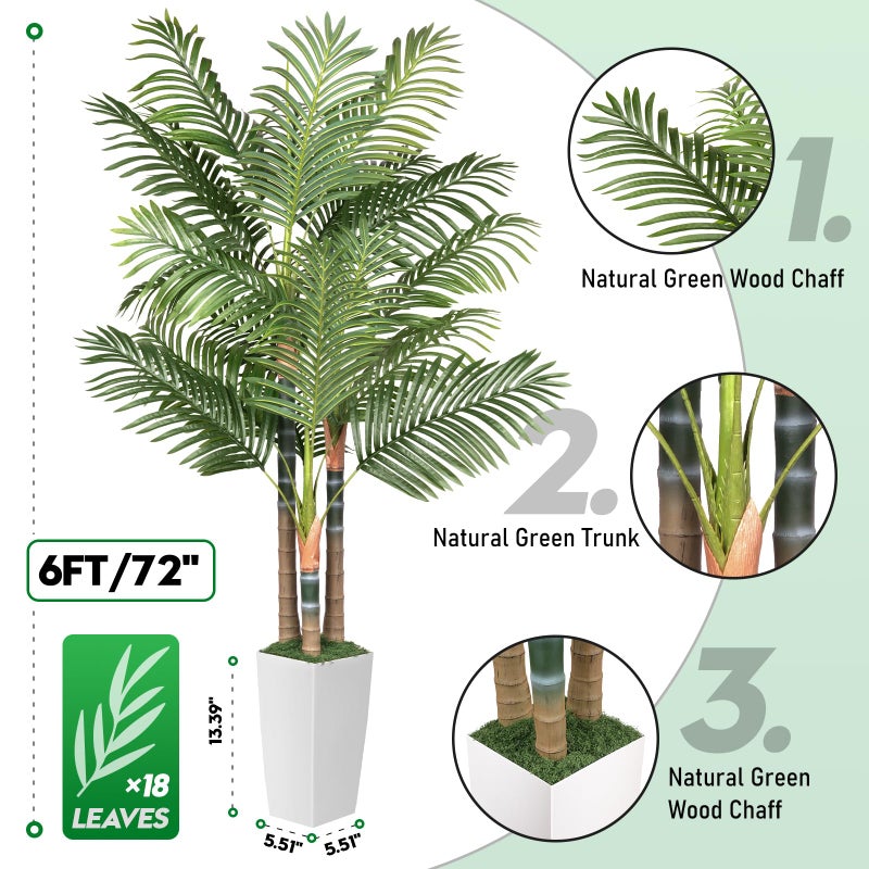 EOOIO 6ft Artificial Palm Tree Indoor Plant with White Tall Planter, Faux Silk Tropical Areca Floor Plant in Pot, Artificial Plants with Lifelike Leaves for Home Office Decor - Image 3