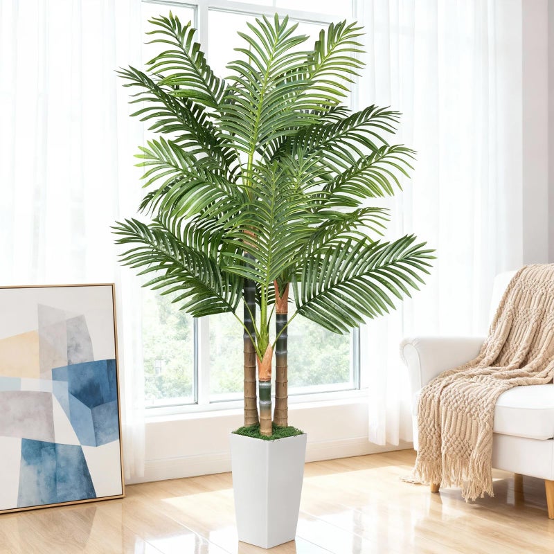 EOOIO 6ft Artificial Palm Tree Indoor Plant with White Tall Planter, Faux Silk Tropical Areca Floor Plant in Pot, Artificial Plants with Lifelike Leaves for Home Office Decor - Image 1