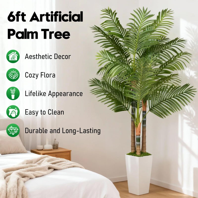 EOOIO 6ft Artificial Palm Tree Indoor Plant with White Tall Planter, Faux Silk Tropical Areca Floor Plant in Pot, Artificial Plants with Lifelike Leaves for Home Office Decor - Image 2