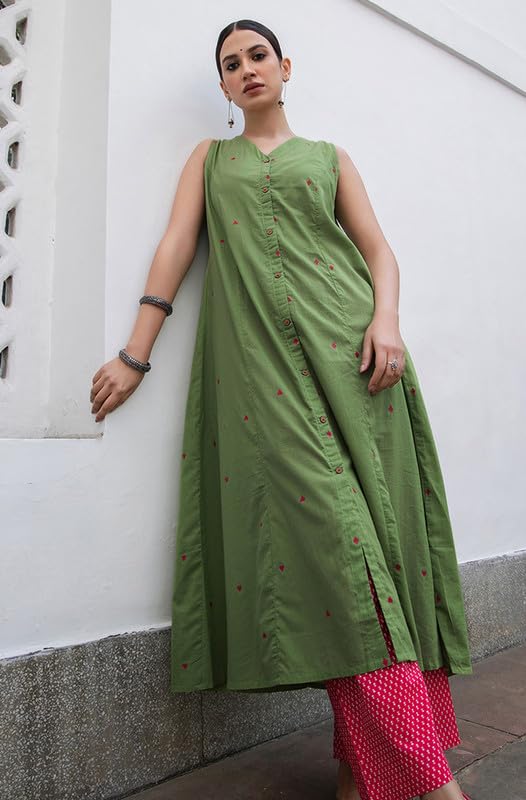 Janasya Green Pure Cotton Kurta & Pant Set for Women Solid Print Ethnic Wear - Image 2