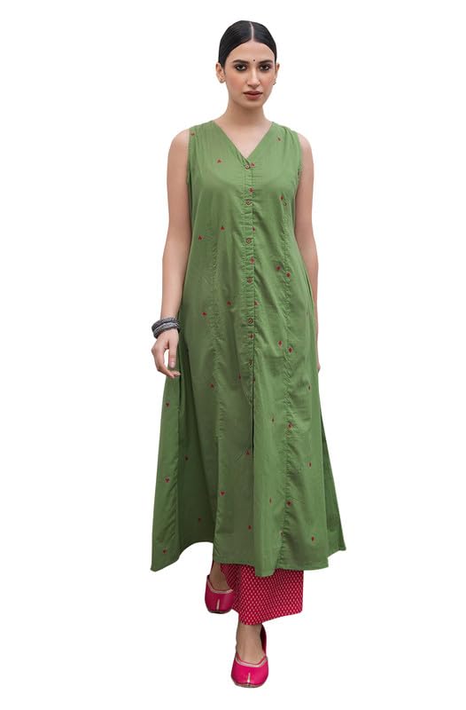 Janasya Green Pure Cotton Kurta & Pant Set for Women Solid Print Ethnic Wear - Image 1