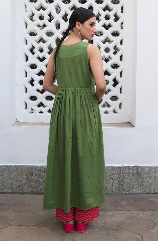 Janasya Green Pure Cotton Kurta & Pant Set for Women Solid Print Ethnic Wear - Image 4