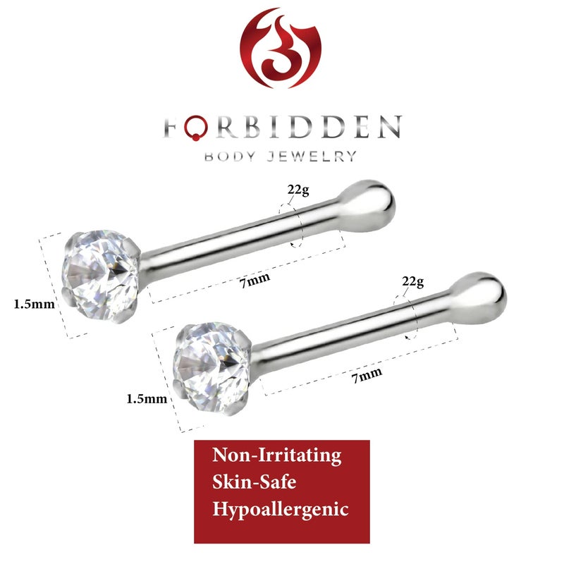 Forbidden Body Jewelry Nose Rings Sterling Silver CZ Simulated Diamond Bone Studs, 1.5mm Crystal 22g Clear Pair - Image 2