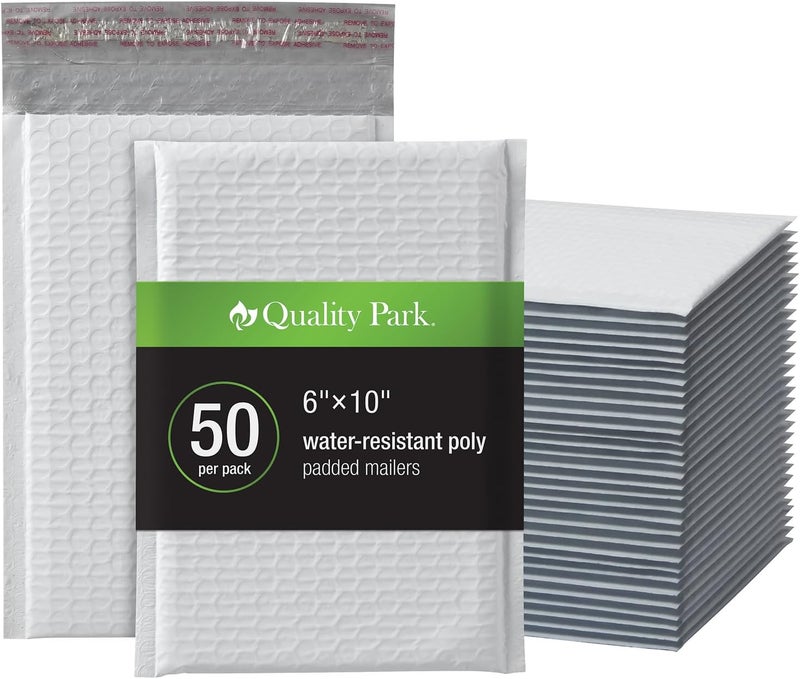 Quality Park Bubble Mailers, 6 x 9 Inch, White Poly Mailers, Padded Envelopes, Shipping Envelopes, Water Resistant, Self Seal, 50 Per Box (QUA85856), Plastic - Image 1