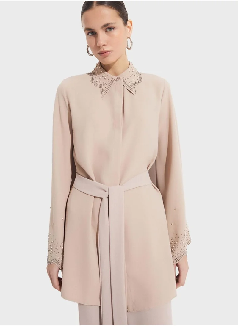 JUNE Embellished Belted Shirt & Pants Set