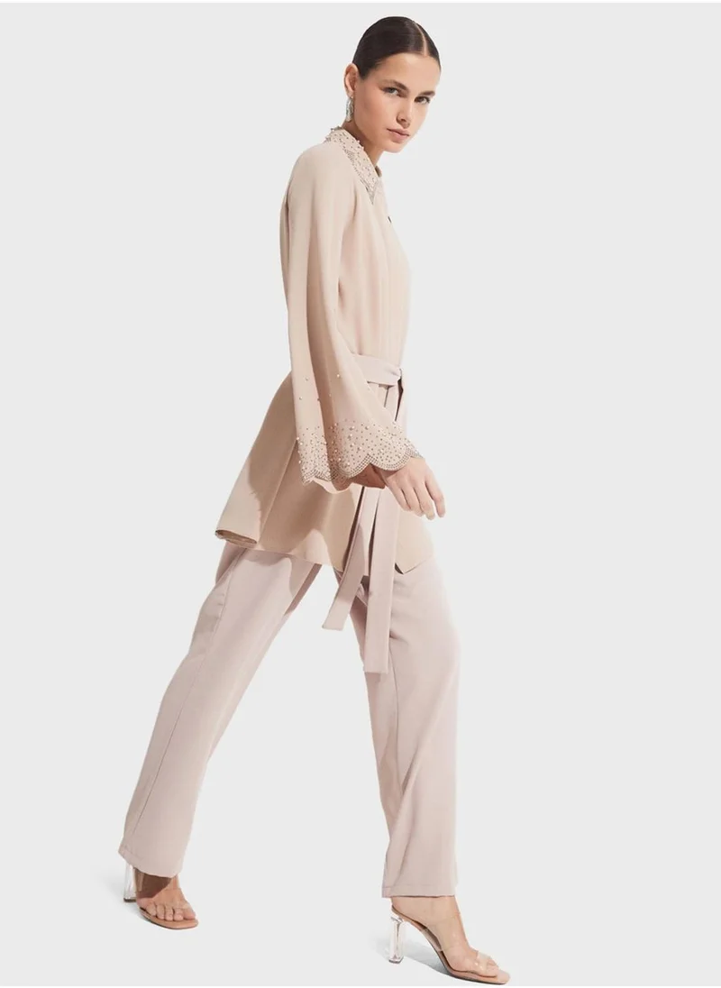 JUNE Embellished Belted Shirt & Pants Set