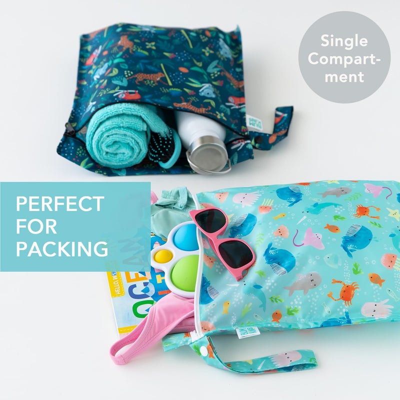Bumkins - Waterproof Wet Bag - For Baby, Travel, Swim Suit, Cloth Diapers, Pump Parts, Pool, Gym, Toiletry, Strap to Stroller - Reusable & Easy to Clean - 2pk - Ocean & Jungle - Image 2