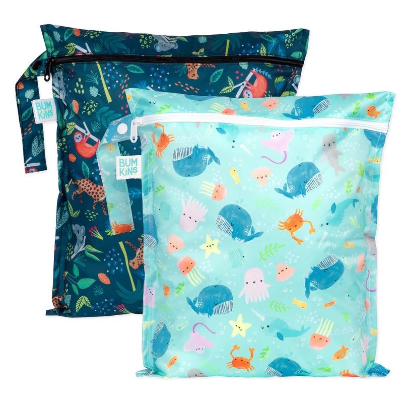 Bumkins - Waterproof Wet Bag - For Baby, Travel, Swim Suit, Cloth Diapers, Pump Parts, Pool, Gym, Toiletry, Strap to Stroller - Reusable & Easy to Clean - 2pk - Ocean & Jungle - Image 1