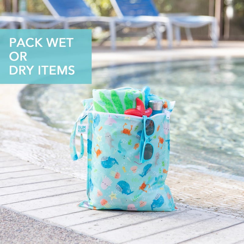 Bumkins - Waterproof Wet Bag - For Baby, Travel, Swim Suit, Cloth Diapers, Pump Parts, Pool, Gym, Toiletry, Strap to Stroller - Reusable & Easy to Clean - 2pk - Ocean & Jungle - Image 3