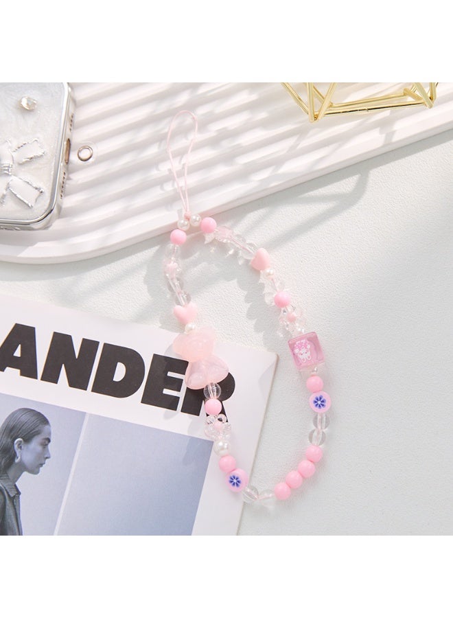 NIBEMINENT Phone Charm/ Chain Strap for Women Girls, Crystal Bead Bow Cell Phone Case Lanyard Wrist Strap，Pink