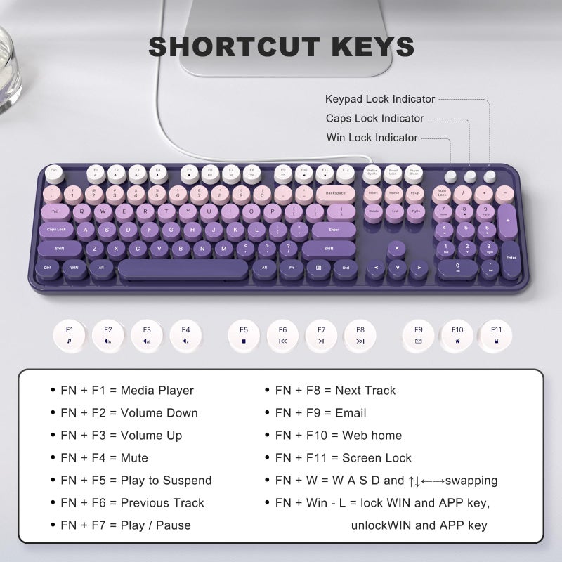 Atelus Computer Keyboard Wired, Plug Play USB Keyboard with Large Number Pad, Caps Indicators, Foldable Stands, Full Size Keyboard for Windows PC Laptop (Purple) - Image 4
