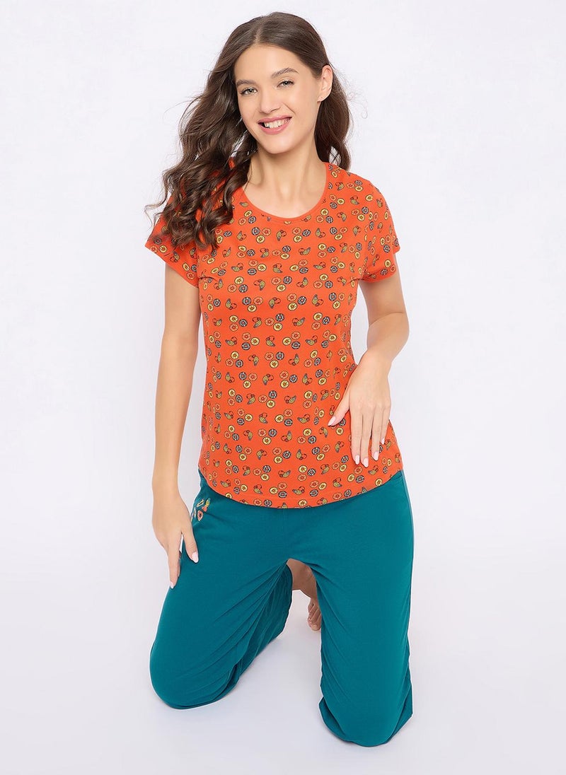 Clovia Doughnut Print Top & Pyjama Set in Orange - 100% Cotton - Image 1