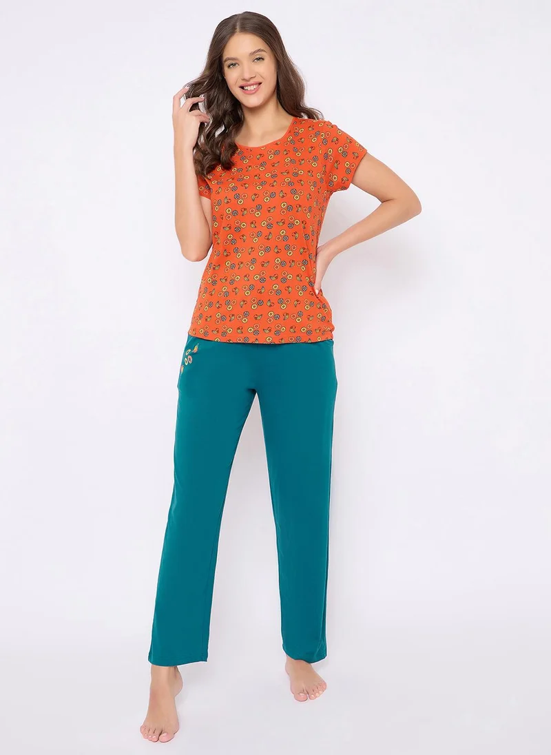 Clovia Clovia Doughnut Print Top & Pyjama Set in Orange - 100% Cotton