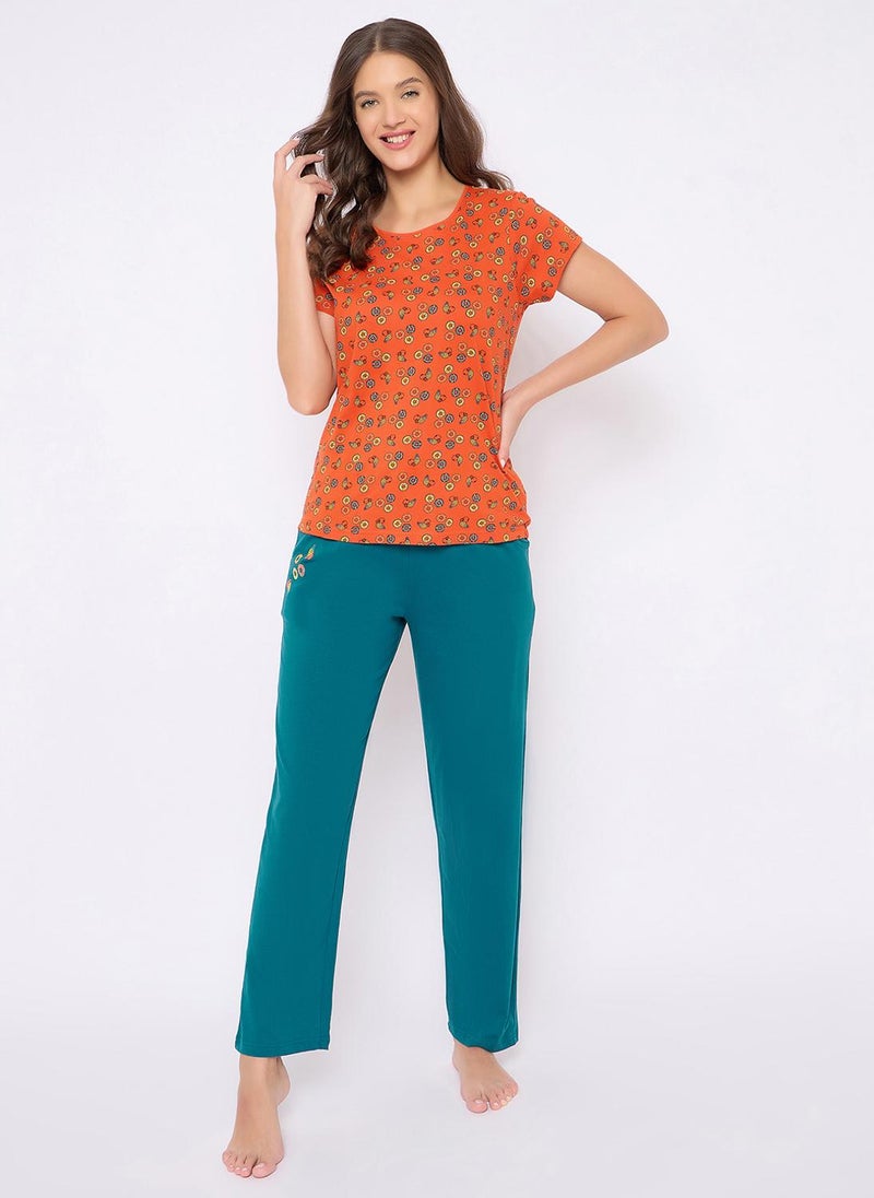 Clovia Doughnut Print Top & Pyjama Set in Orange - 100% Cotton - Image 2