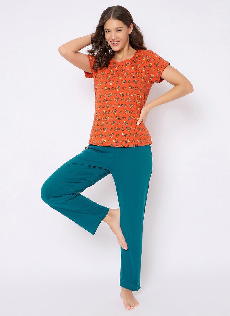 Clovia Doughnut Print Top & Pyjama Set in Orange - 100% Cotton - Image 3