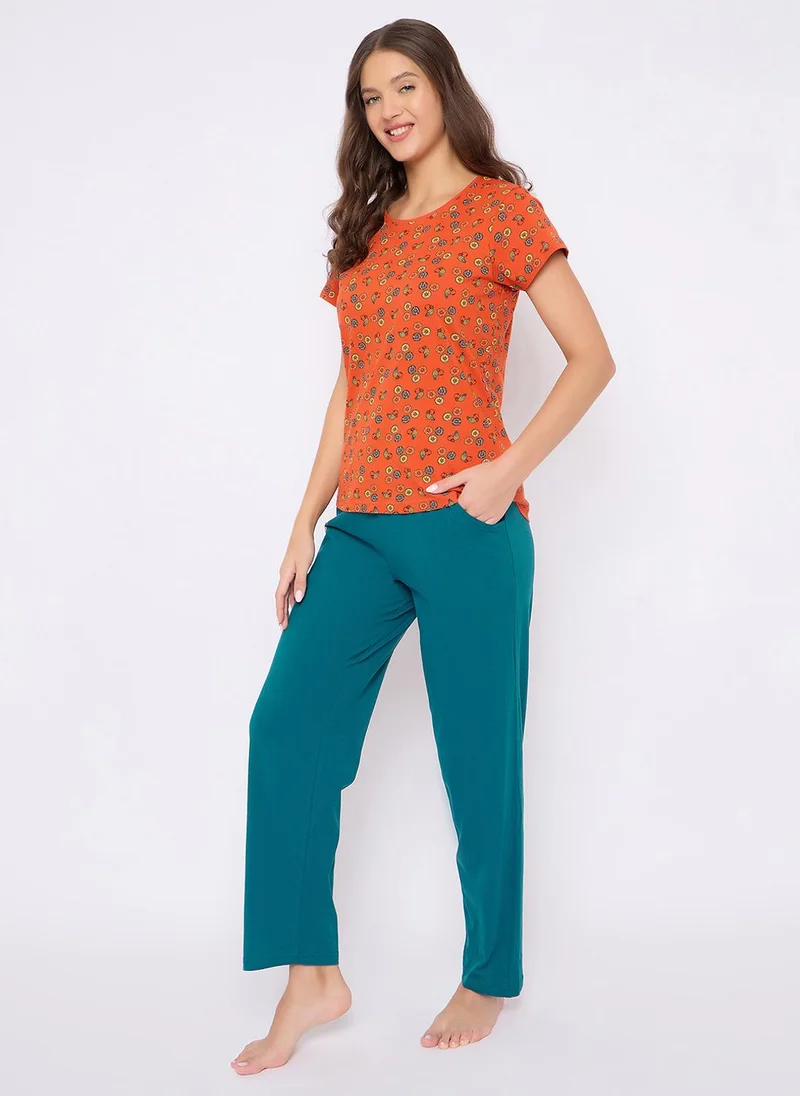 Clovia Clovia Doughnut Print Top & Pyjama Set in Orange - 100% Cotton