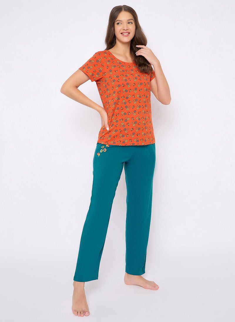 Clovia Doughnut Print Top & Pyjama Set in Orange - 100% Cotton - Image 5