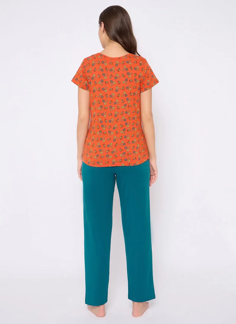 Clovia Clovia Doughnut Print Top & Pyjama Set in Orange - 100% Cotton