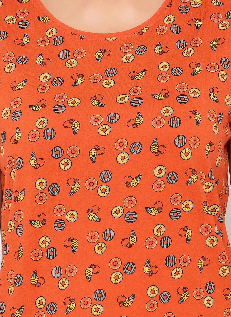 Clovia Clovia Doughnut Print Top & Pyjama Set in Orange - 100% Cotton
