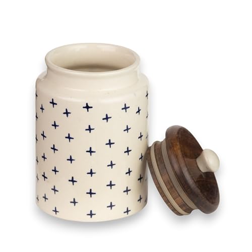 ClayStone Ceramic Airtight Container - 900ml Each - Wooden Lid - Kitchen Containers for Sugar, Tea, Salt, Pickles, Pulses & More (Blue Plus) - Image 4