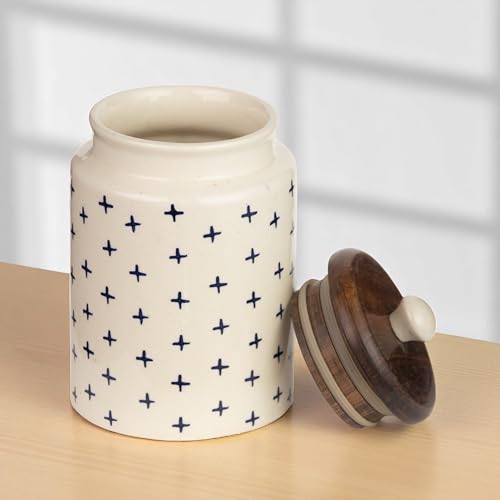ClayStone Ceramic Airtight Container - 900ml Each - Wooden Lid - Kitchen Containers for Sugar, Tea, Salt, Pickles, Pulses & More (Blue Plus) - Image 2